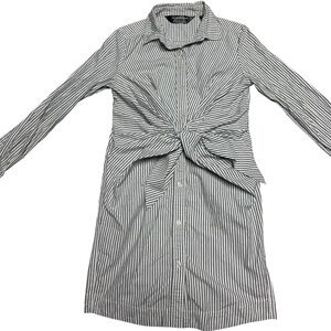 Norma Kamali Striped Button-Front Twist Shirt Dress in Gray and White